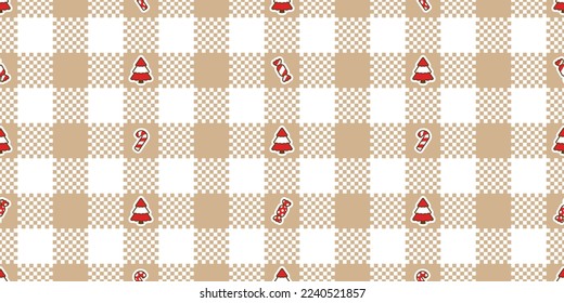 Christmas tree seamless pattern Santa Claus hat candy cane tartan plaid checked snowflake scarf isolated tile background repeat wallpaper illustration gift wrapping paper design