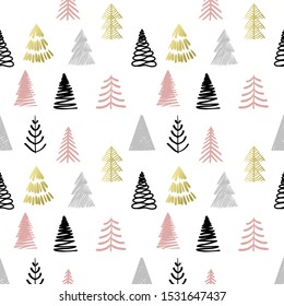 Christmas tree seamless pattern in scandinavian style vector illustration. Cover with colorful hand drawn fir-tree on whit. Winter holidays postcard decorated by spruce symbol
