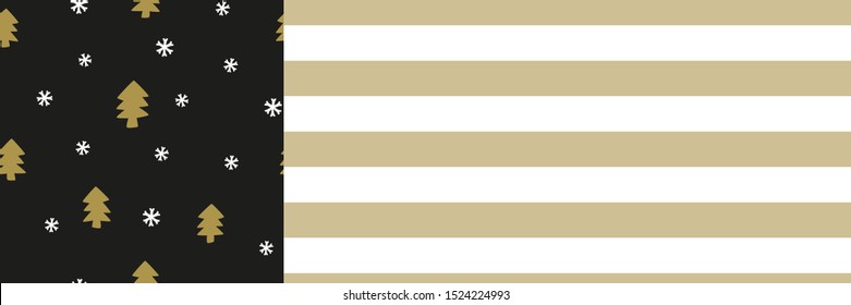 Christmas tree seamless pattern set with snowflakes. Winter holiday gift wrapping, wallpaper design with minimalist shapes. White, black and golden beige repeat textile print.