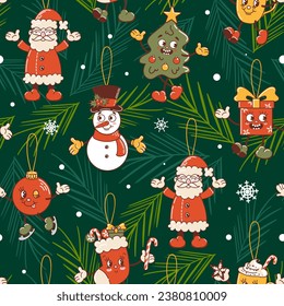 Christmas tree seamless pattern. Snowman, stocking, gift and mug, ball is skating. Cute old retro cartoon style characters. Spruce branches. wallpaper, fabric, wrapping, background.