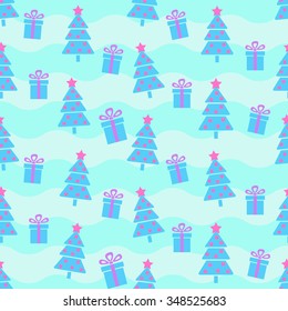 Christmas tree, Seamless pattern with Christmas trees and gift boxes, bright colors