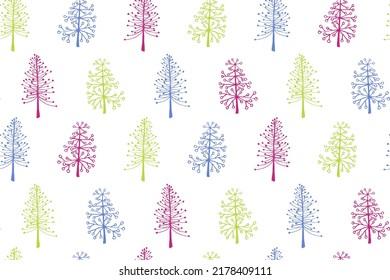 Christmas tree seamless pattern vector holiday illustration. X-mas abstract trees isolates on white background. Hand drawn plant doodle endless design. Gift wrapper print pattern. Conical plants.
