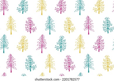 Christmas tree seamless pattern vector holiday illustration. X-mas abstract trees isolates on white background. Hand drawn plant doodle endless design. Gift wrapper print pattern. Conical plants.