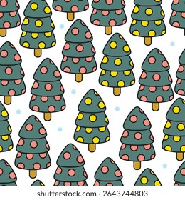 Christmas tree seamless pattern. Vector illustrations of Green fir trees with red and yellow golden baubles surrounded by blue snowballs. A forest of festive pines.