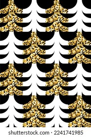 Christmas tree seamless pattern in vintage style. Minimalistic fir tree with gold glitter effect on a black background. Winter, Christmas, and New Year concepts.
