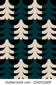 Patrón de árbol de Navidad sin fisuras en estilo vintage. Árbol de abeto geométrico minimalista en color verde oscuro, beige y negro. Conceptos de invierno, Navidad y Año Nuevo.