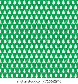 Christmas tree seamless pattern white color on green holiday background. Christmas decoration element. Vector Illustration