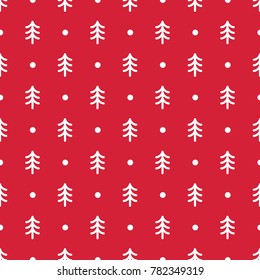 Christmas tree seamless pattern with white polka dots on red background. Holiday. Vector illustration.