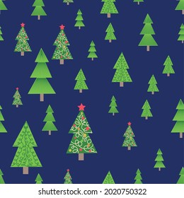 christmas tree seamless pattern. Winter forest, pine trees and snowflakes. Print for fabric, wrapping paper or wallpaper. Celebration new year pattern. Christmas pattern.