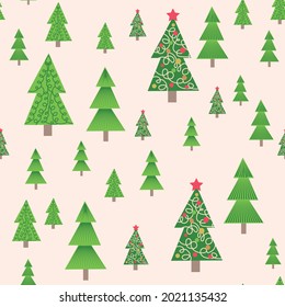 christmas tree seamless pattern. Winter forest, pine trees and snowflakes. Print for fabric, wrapping paper or wallpaper. Celebration new year pattern. Christmas pattern.