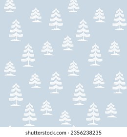 Christmas tree seamless pattern. Winter forest hand drawn Noel print, New year holidays decoration, blue background with fir tree, wallpaper, wrapping paper design, decor, gift wrap.
