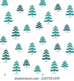Christmas tree seamless pattern. Winter forest Noel print, New year holidays decoration, fir tree with brown winter trees in snow hand drawn holiday background, wallpaper, wrapping paper