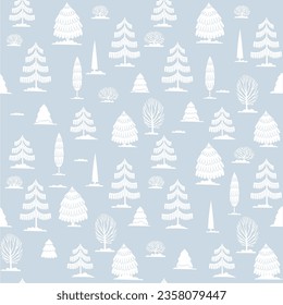 Christmas tree seamless pattern. Winter forest hand drawn Noel print, New year holidays decoration, blue background with fir tree, wallpaper, wrapping paper design, decor, gift wrap.
