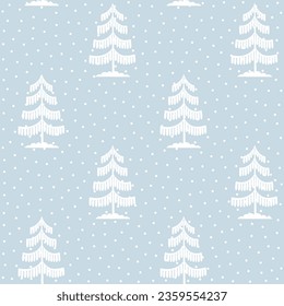 Christmas tree seamless pattern. Winter forest hand drawn Noel print, New year holidays decoration, blue background with fir tree, wallpaper, wrapping paper design, decor, gift wrap.