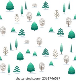 Christmas tree seamless pattern. Winter forest Noel print, New year holidays decoration, winter trees and firs in snow. Hand drawn holiday background, wallpaper, wrapping paper design, gift wrap