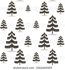 Christmas tree seamless pattern. Winter forest silhouette graphic Noel print, holidays decoration, black and white background with fir tree, wrapping paper design
