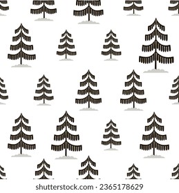 Christmas tree seamless pattern. Winter forest silhouette graphic Noel print, holidays decoration, black and white background with fir tree, wrapping paper design