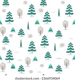 Christmas tree seamless pattern. Winter forest Noel print, New year holidays decoration, winter trees and firs in snow. Hand drawn holiday background, wallpaper, wrapping paper design, gift wrap
