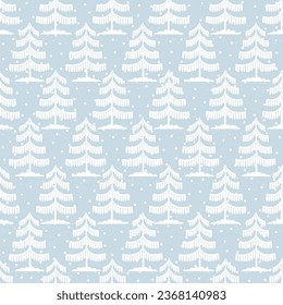 Christmas tree seamless pattern. Winter forest in snow Noel print, New year holidays decoration, blue background with fir tree, wallpaper, wrapping paper design, decor, gift wrap.