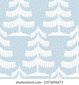 Christmas tree seamless pattern. Winter forest in snow Noel print, New year holidays decoration, blue background with fir tree, wallpaper, wrapping paper design, decor, gift wrap.
