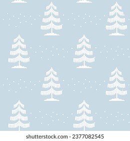 Christmas tree seamless pattern. Winter forest in snow Noel print, New year holidays decoration, blue background with fir tree, wallpaper, wrapping paper design, decor, gift wrap.