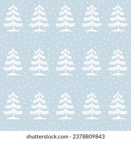 Christmas tree seamless pattern. Winter forest in snow Noel print, New year holidays decoration, blue background with fir tree, wallpaper, wrapping paper design, decor, gift wrap.