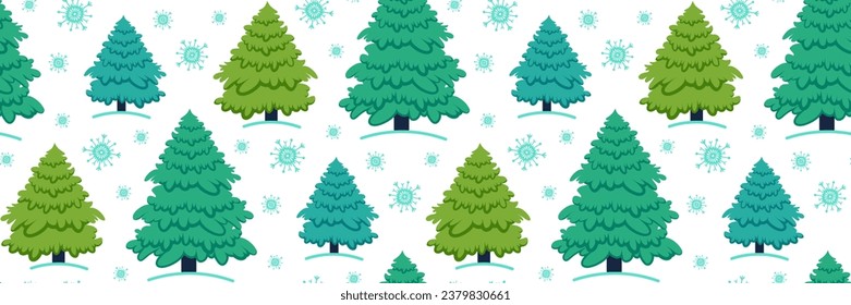 Christmas tree seamless pattern. Winter fir trees and snowflakes background. Pattern for background, printing on wrapping paper, wallpaper or fabric.