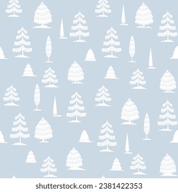 Christmas tree seamless pattern. Winter forest hand drawn Noel print, New year holidays decoration, blue background with fir tree, wallpaper, wrapping paper design, decor, gift wrap.