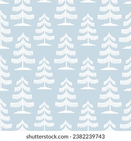 Christmas tree seamless pattern. Winter forest in snow Noel print, New year holidays decoration, blue background with fir tree, wallpaper, wrapping paper design, decor, gift wrap.