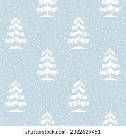 Christmas tree seamless pattern. Winter forest in snow Noel print, New year holidays decoration, blue background with fir tree, wallpaper, wrapping paper design, decor, gift wrap.