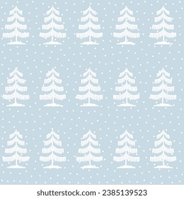 Christmas tree seamless pattern. Winter forest in snow Noel print, New year holidays decoration, blue background with fir tree, wallpaper, wrapping paper design, decor, gift wrap.