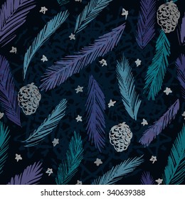 Christmas Tree Seamless pattern/Ink hand drawn fir branches and cones