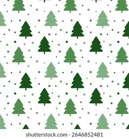 Christmas tree seamless pattern.Repeat pattern with green pine tree and polka dots snow isolated on white background.Vector graphic illustration background wallpaper.