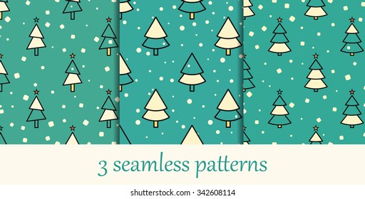 Christmas tree seamless patterns. Vector set. Pine tree, snow.  Line-art. Simple geometric background.