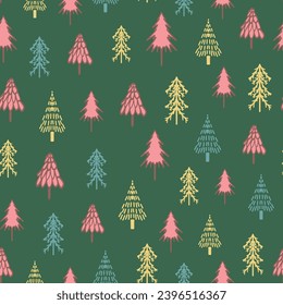 Christmas tree seamless repeat pattern. Holiday fir tree forest all over surface print on green background.