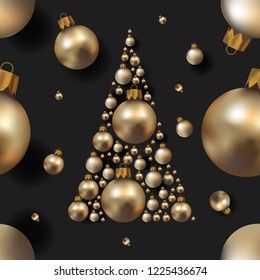 Christmas tree seamless repeating pattern with realistic golden Christmas baubles or ornaments. Eps10 vector illustration.