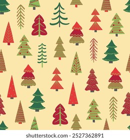 Christmas tree seamless texture in cartoon style. Wallpaper and wrapping paper design. Vector illustration