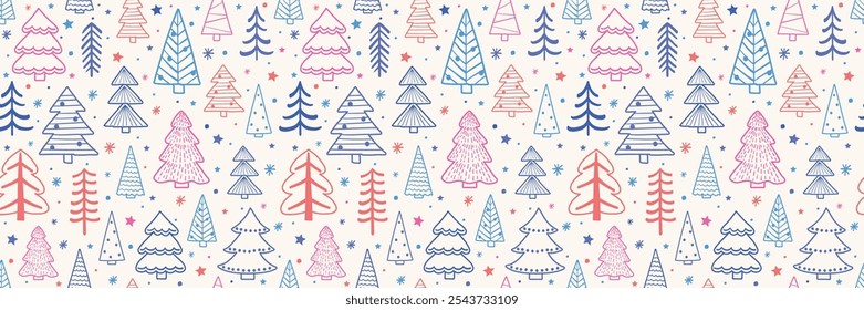 Christmas tree seamless texture in cartoon style. Wallpaper and wrapping paper design. Vector illustration