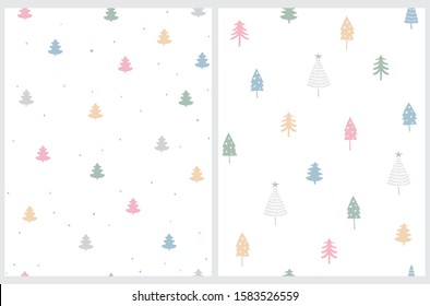 Christmas Tree Seamless Vector Pattern. Colorful Trees Isolated on a White Background. Cute Infantile Style Winter Forest Illustration for Fabric, Wrapping Paper,Party Decoration.Jolly Holidays Print.