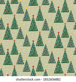 Christmas tree seamless vector pattern. green background, winter holiday wrapping print