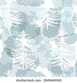 Christmas tree seamless vector pattern. Watercolor Noel firs print, winter frozen pine trees on blue background, wallpaper, wrapping paper design