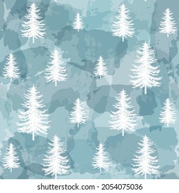 Christmas tree seamless vector pattern. Watercolor Noel firs print, winter frozen pine trees on blue background, wallpaper, wrapping paper design
