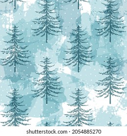 Christmas tree seamless vector pattern. Watercolor Noel firs print, winter frozen pine trees on blue background, wallpaper, wrapping paper design