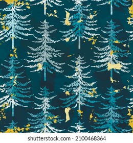 Christmas tree seamless vector pattern. Watercolor Noel firs print, winter frozen pine trees on blue background, wallpaper, wrapping paper design