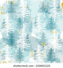 Christmas tree seamless vector pattern. Watercolor Noel firs print, winter frozen pine trees on blue background, wallpaper, wrapping paper design