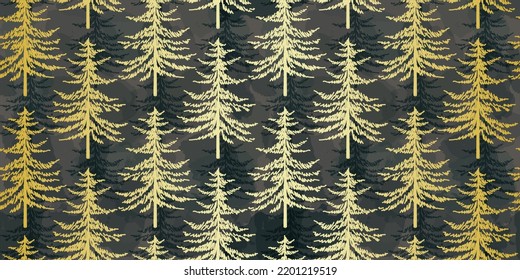 Christmas tree seamless vector pattern. Watercolor Noel firs print, winter frozen pine trees on black background, wrapping paper design