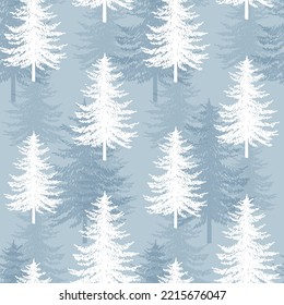 Christmas tree seamless vector pattern. Watercolor Noel firs print, winter frozen pine trees on blue background, wallpaper, wrapping paper design