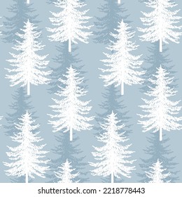 Christmas tree seamless vector pattern. Watercolor Noel firs print, winter frozen pine trees on blue background, wallpaper, wrapping paper design