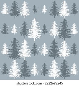 Christmas tree seamless vector pattern. Watercolor Noel firs print, winter frozen pine trees on blue background, wallpaper, wrapping paper design