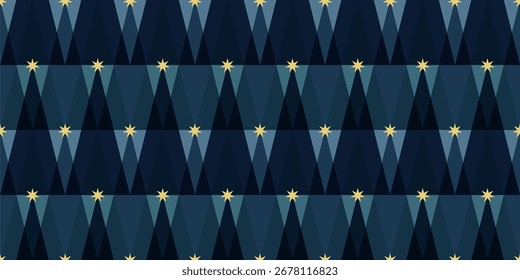 Christmas Tree Seamless Vector Pattern.  New Year Geometric Trees and Stars Concept for Wrapping paper, greeting card, poster, cover, header, card, decor.